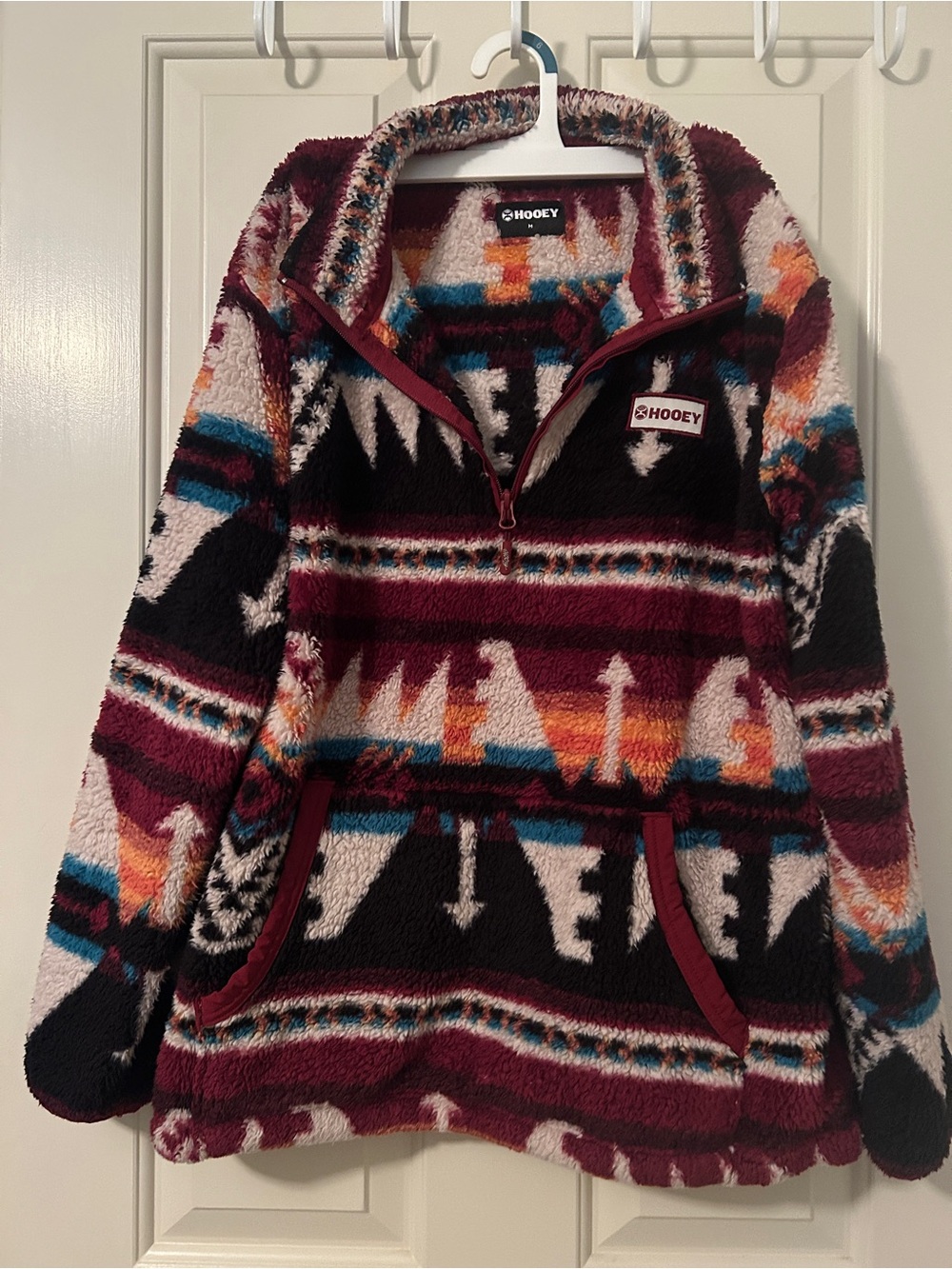 Hooey Fleece Pullover in Burgundy, Teal & Gold